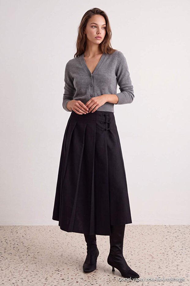 Black Chinese Closure Detailed Pleated Midi Skirt Twoaw27Et00068