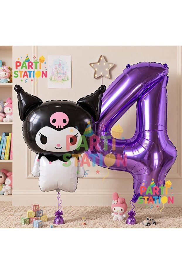 Sanrio Black Kuromi Concept Foil Balloon and 4 Year Old Purple Foil Number Balloon Set