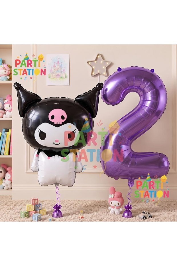 Sanrio Black Kuromi Concept Foil Balloon and 2 Year Old Purple Foil Number Balloon Set