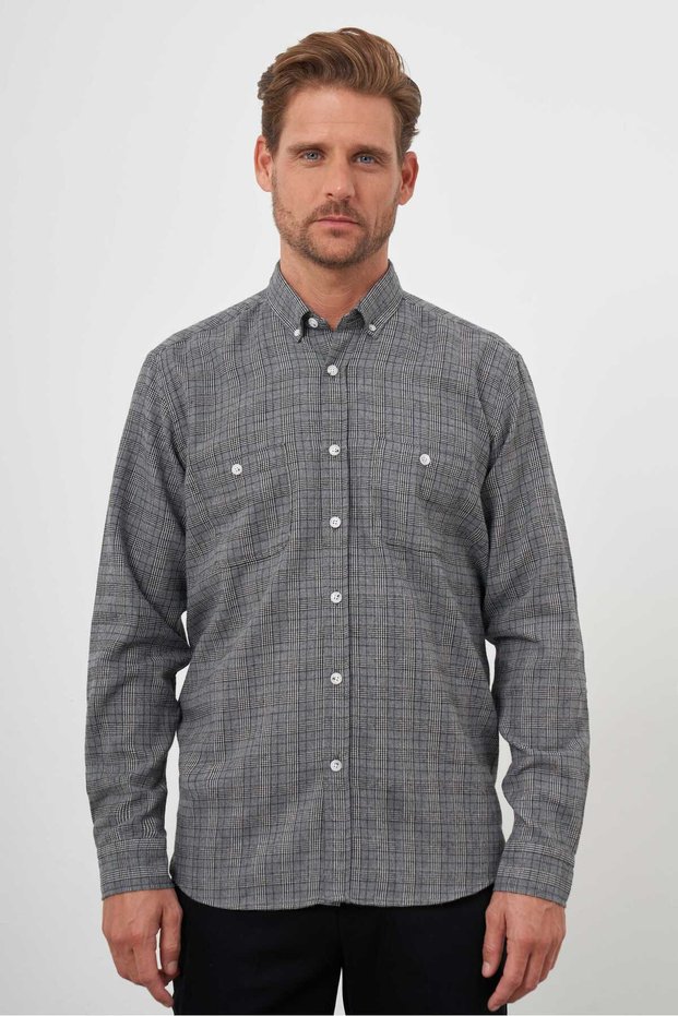 Men's Gray Trend Lumberjack Plaid Buttoned Collar Regular Fit Shirt