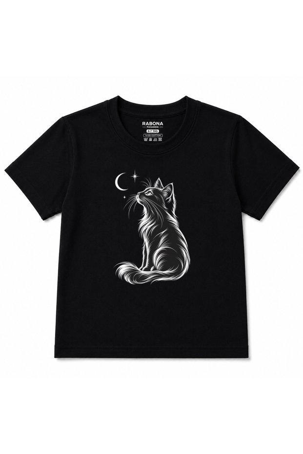 Moonlit Gaze Cat & Crescent Graphic Kids T-Shirt