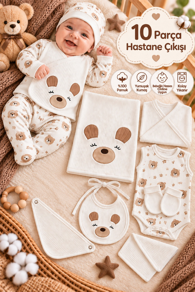 Newborn 10-Piece Full Hospital Discharge Set with Teddy Bear Pattern for Mother's Hospital Bag