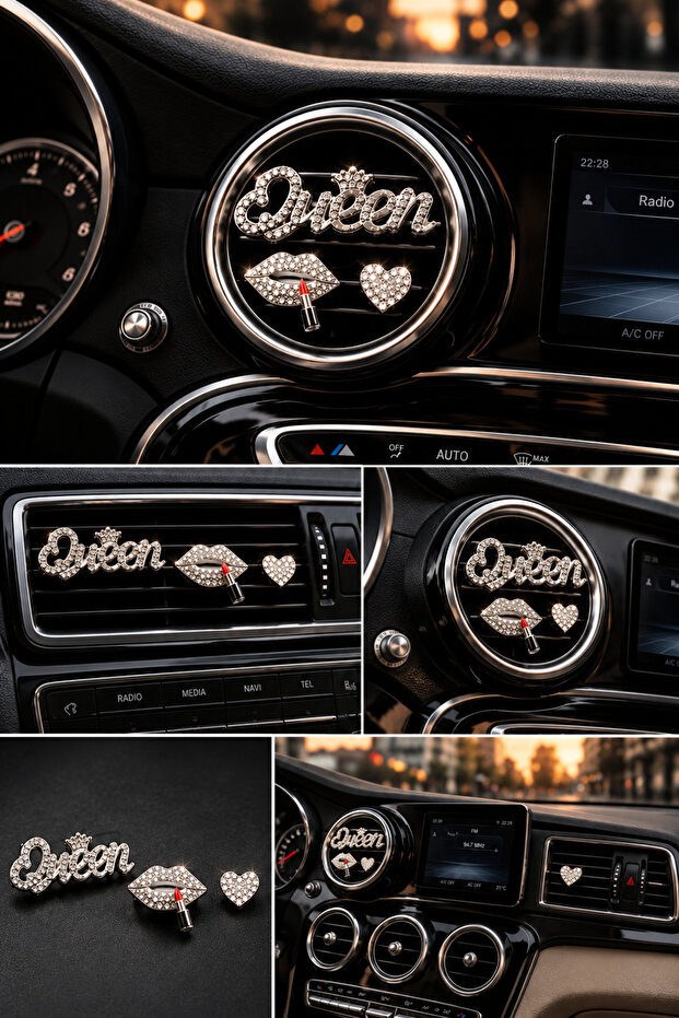 Queen In-Car Air Conditioning Ornament Set of 3 | Zircon Stone Lip Heart Lettering Air Conditioner Grill Accessory