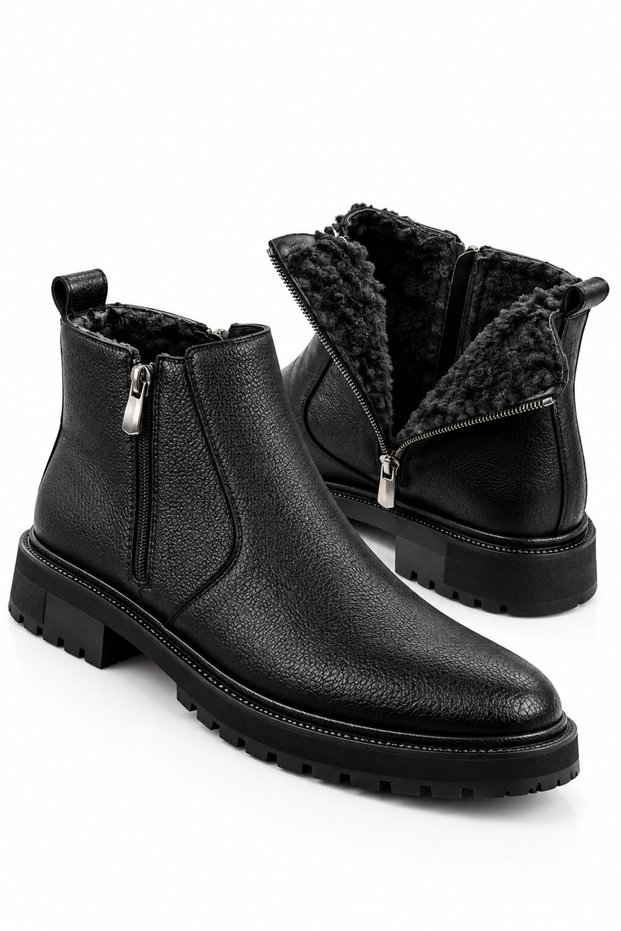 Black Daily Fur Lined Cold and Waterproof Guaranteed Sturdy Non-Slip Rubber Sole Ankle Boots