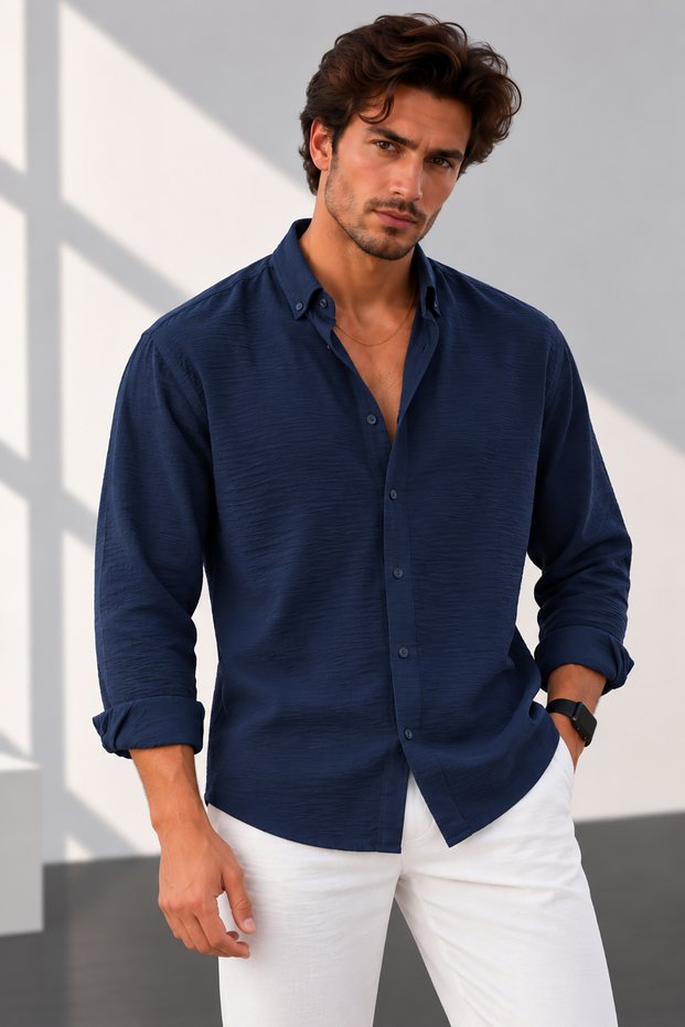 Men's Navy Blue Oversize Textured Aerobin Linen Look Shirt