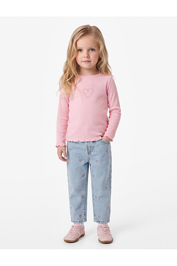 Heart Printed Crew Neck Long Sleeve Camisole Cotton T-Shirt