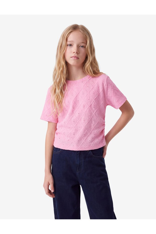 Crew Neck Short Sleeve Embroidered Blouse