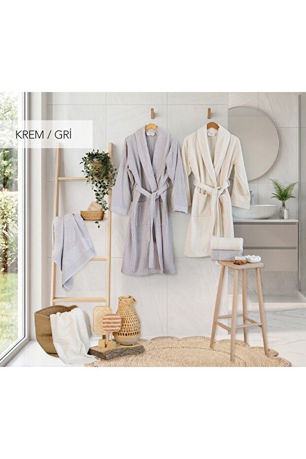 Soft Linen Family Bathrobe Set - Cream Gray