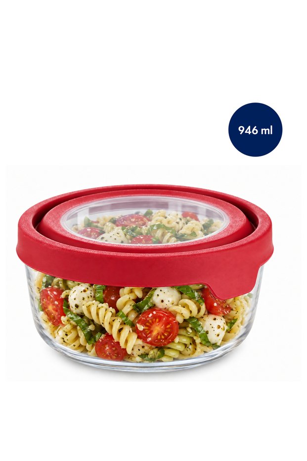 TrueSeal 946ml / 4 Cup Round Glass Food Storage Container with Cherry Red Airtight Lid, Leak Resistant, Microwave, Oven, Freezer & Dishwasher Safe