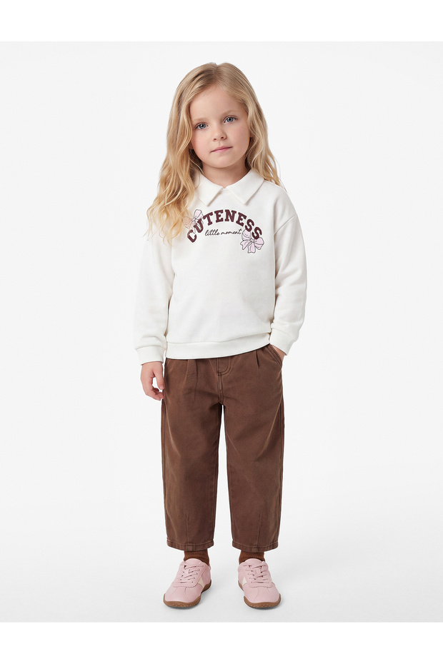 Long Sleeve Three Thread Ribbed Bow Printed Polo Collar Sweatshirt