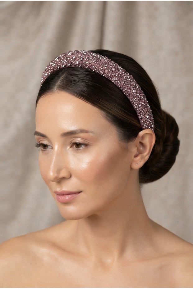 Hand Embroidered Cross Crystal Jewelled Velvet Crown Thin Lilac Color