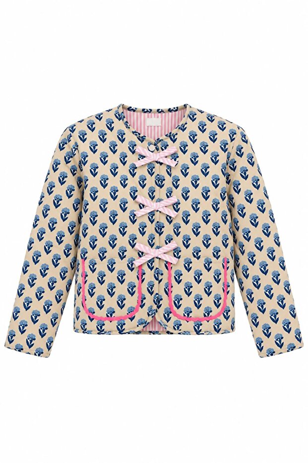 Girl's Ribbon Detailed Floral Patterned Quilted Seasonal Jacket