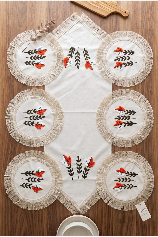 Tasseled Linen Runner & Set of 6 Tasseled Placemats - 7-Piece Bohemian Embroidered American Table Set