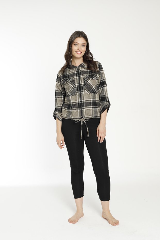 Women's Cotton Plaid Lumberjack Shirt and Knitted Trousers Bottom - Top Set / Black - Khaki 22026