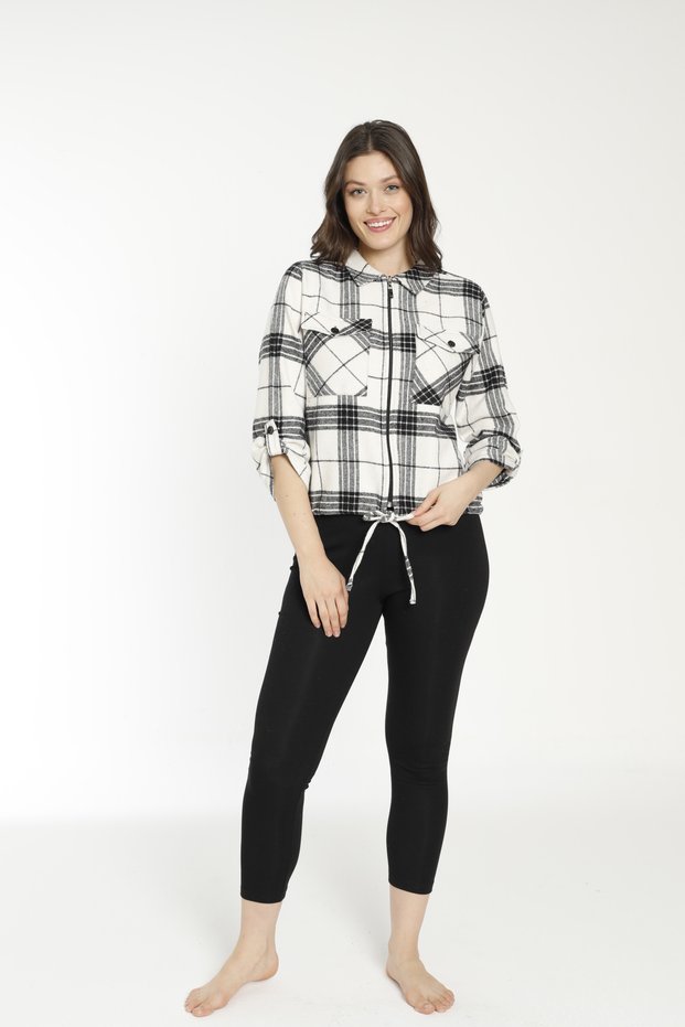 Women's Cotton Plaid Lumberjack Shirt and Knitted Pants Bottom-Top Set 22025
