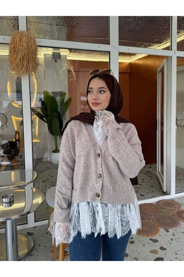 Women's Skirt and French Lace Detailed Soft Knitwear Cardigan with Tie Sleeves Loose Knit Cardigan Ecru