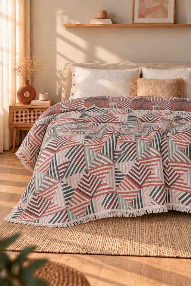 Geometric 100% Cotton Ply Muslin Bedspread Piqué , Premium Tasseled Reversible 220X240 Dowry Blanket