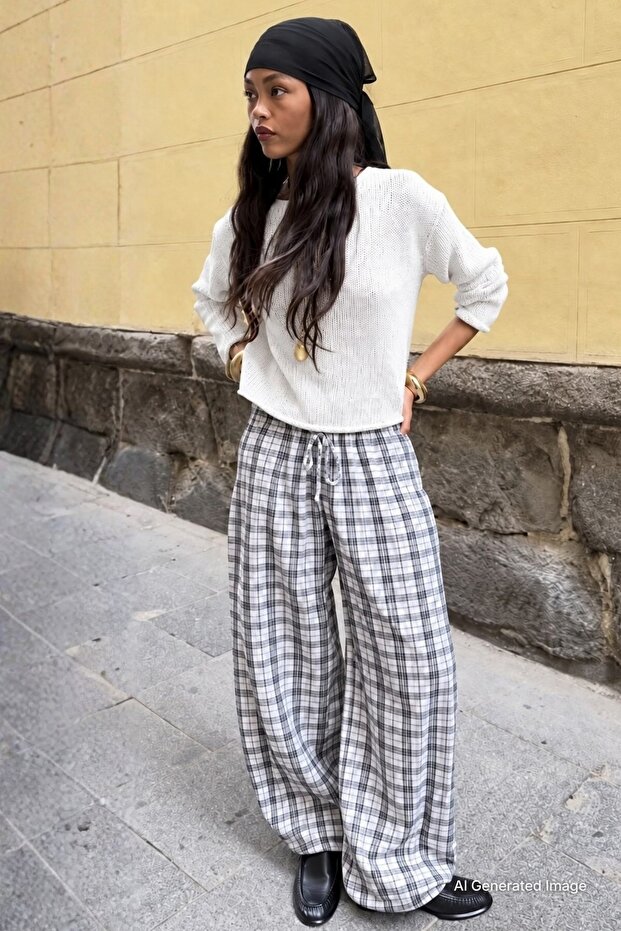 White Plaid Pattern High Waist Balloon Fit Women's Trousers Mg2726