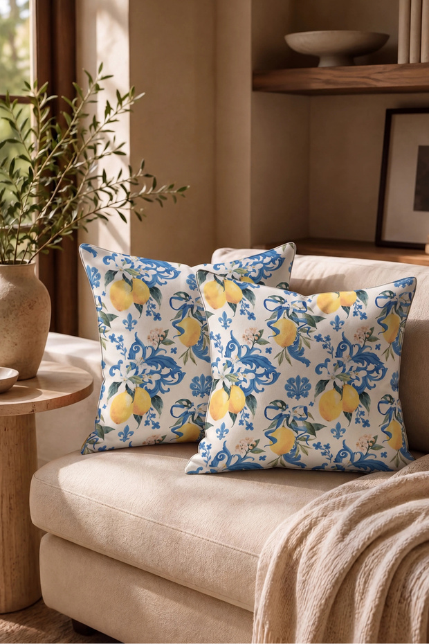 2-Piece Digital Printed Throw Pillow Cover Lemon Flower Pattern