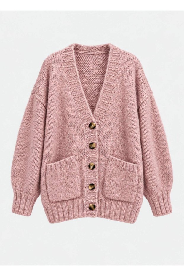 Pink Color Women's Soft Textured Oversize Buttoned Cardigan