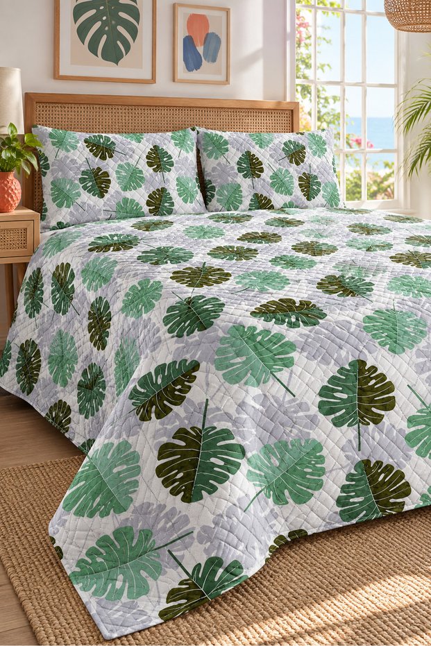 Leaf Patterned Bedspread 200X220 Double Pique Set