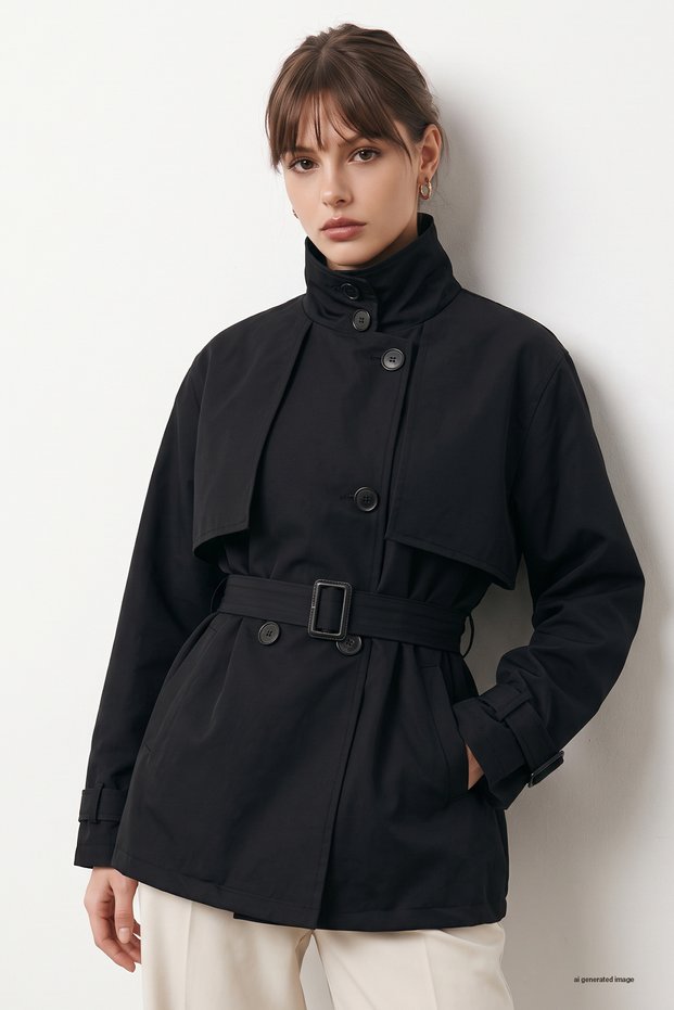 Belted Stand Collar Lined Black Short Trench Coat