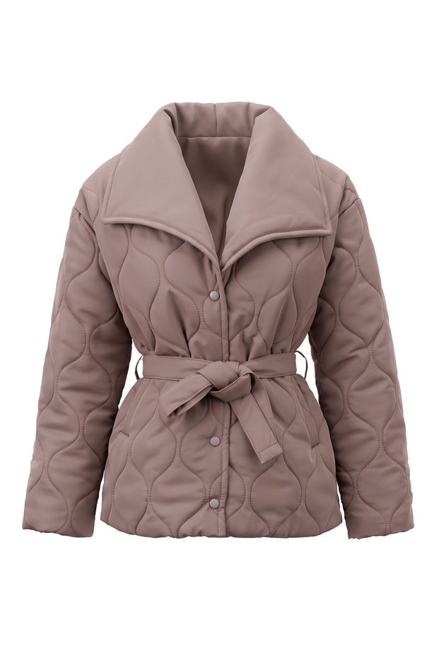 Camel Color Women's Wide Collar Belted Quilted Coat