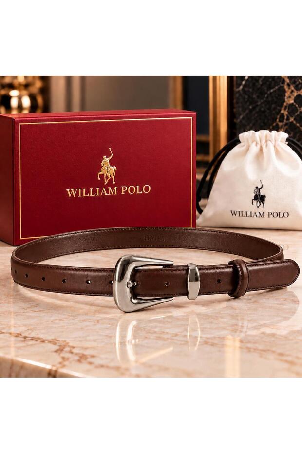 Williampolo Full Grain Leather Silver Buckle Brown Women's Belt