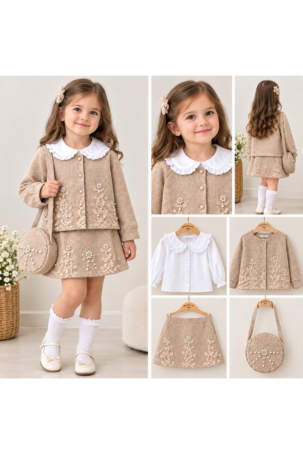 Girl's 4-Piece Set with Floral Embroidery and Pearl Detailing Shirt