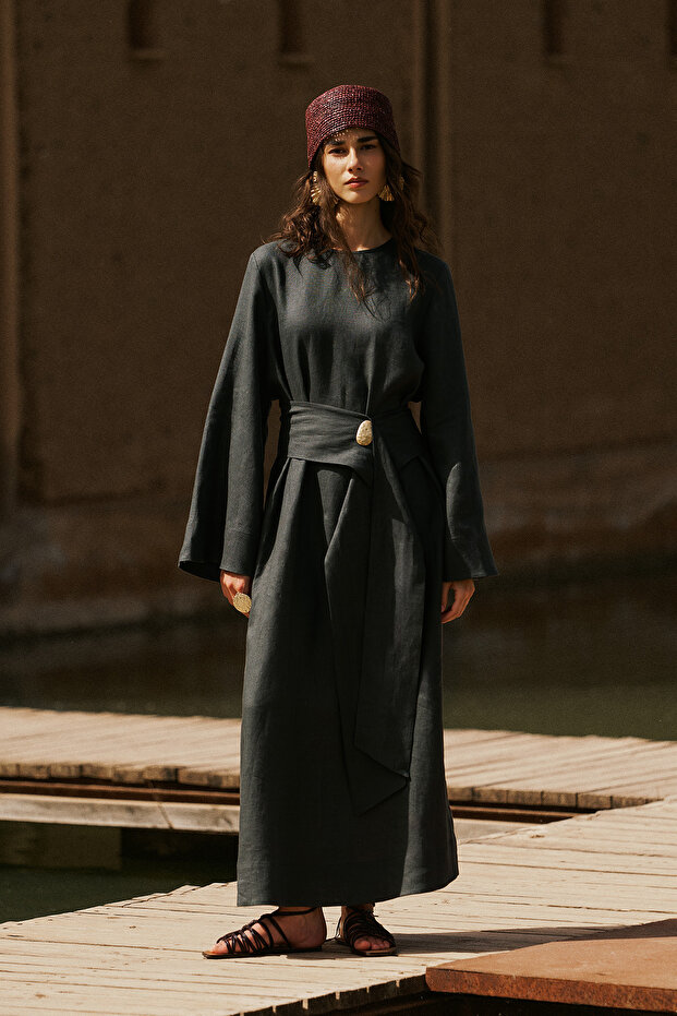 Linen Dress with Wide Belt Dark Green