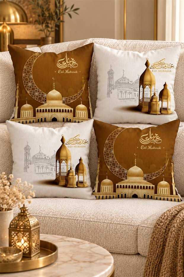 Eid Mubarak Ramadan Crescent Mosque Pattern Hidden Zipper Throw Pillow Case Seat Pillow Case Set(4pcs)