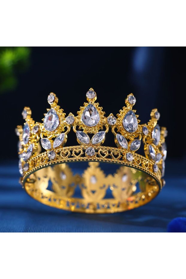 Gold Baroque Round Crown Headdress Alloy Rhinestone Crown, Suitable for Wedding Decoration Headdress