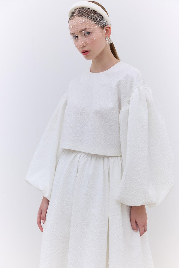 Pearl-Detail Jacquard Skirt Ecru