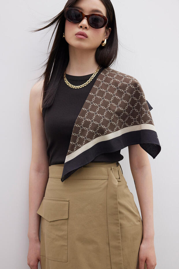 Patterned Cotton Scarf Monogram-Brown