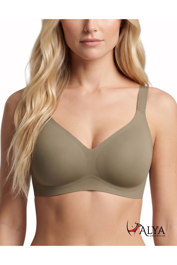 Women's Ultra Comfortable Molded Thick Strap Laser Cut Invisible Bra Khaki - 2399