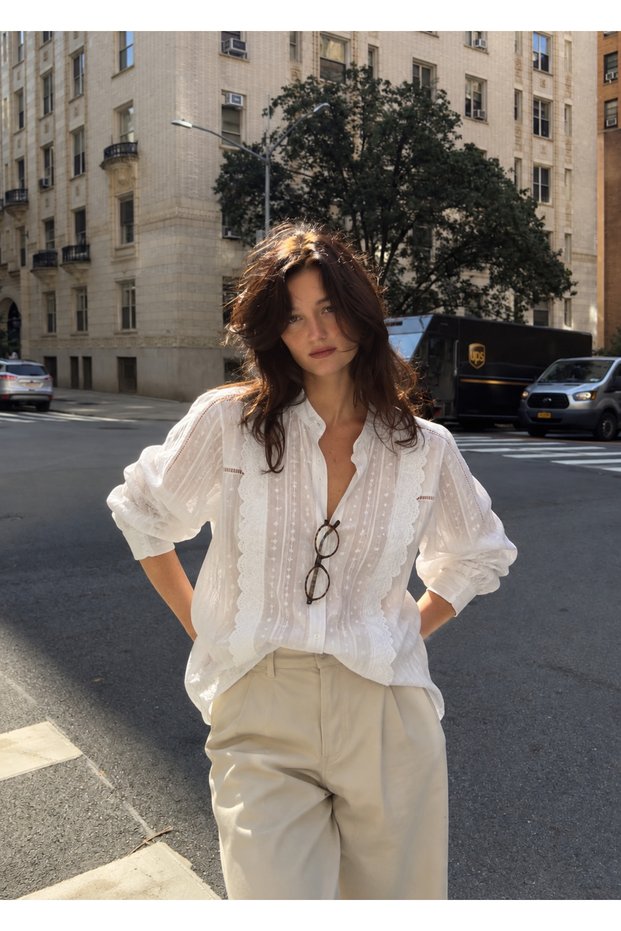 Crep Women's Lace Detailed High Collar Shirt – Embroidered Cotton Textured Stylish Shirt White