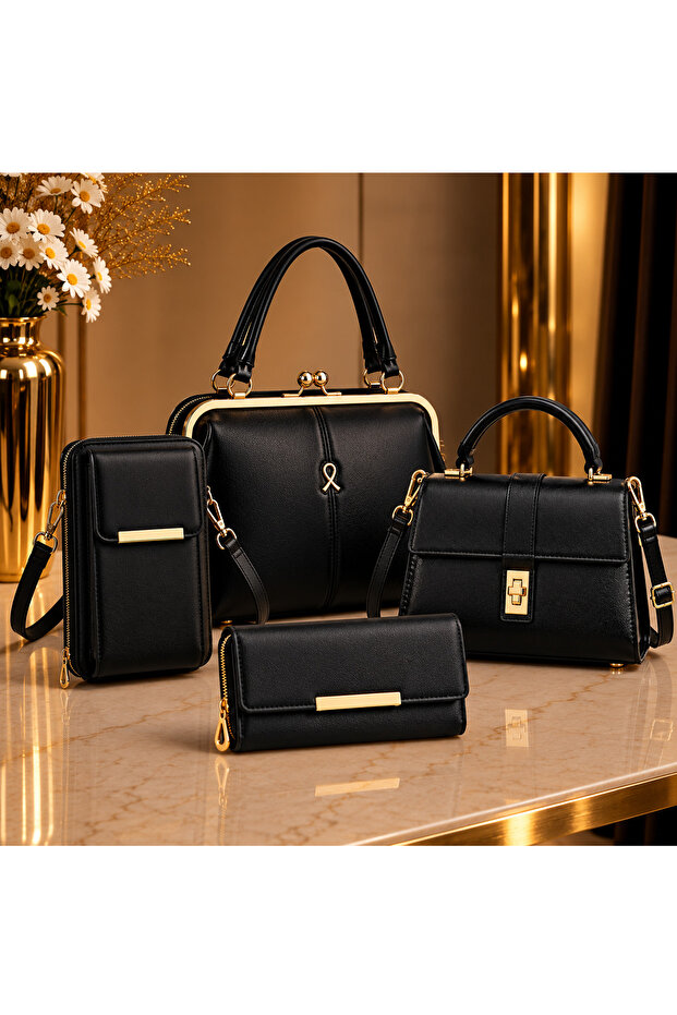Luxury Women's Bag Set 4 Pieces Black | Shoulder + Crossbody + Wallet + Phone Bag Combination