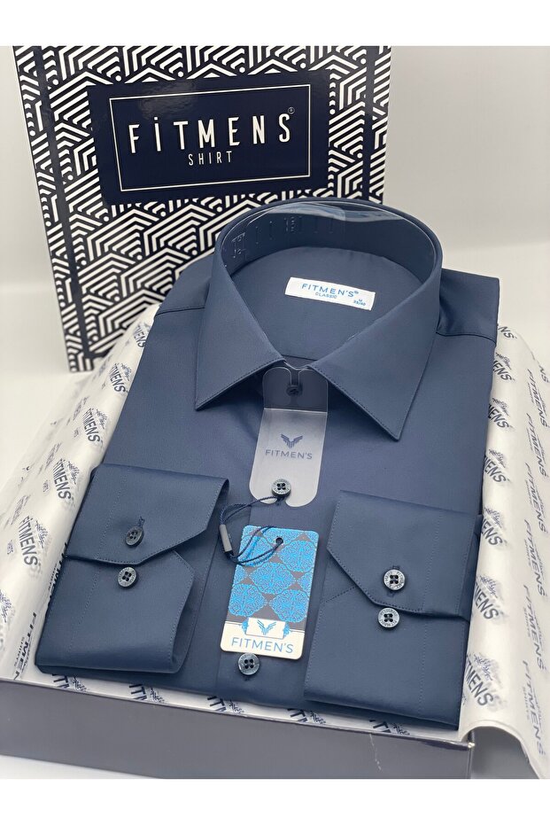 Classic Long Sleeve Pocketless Lycra Comfortable Fabric Men's Shirt Fs-004517 - Navy Blue