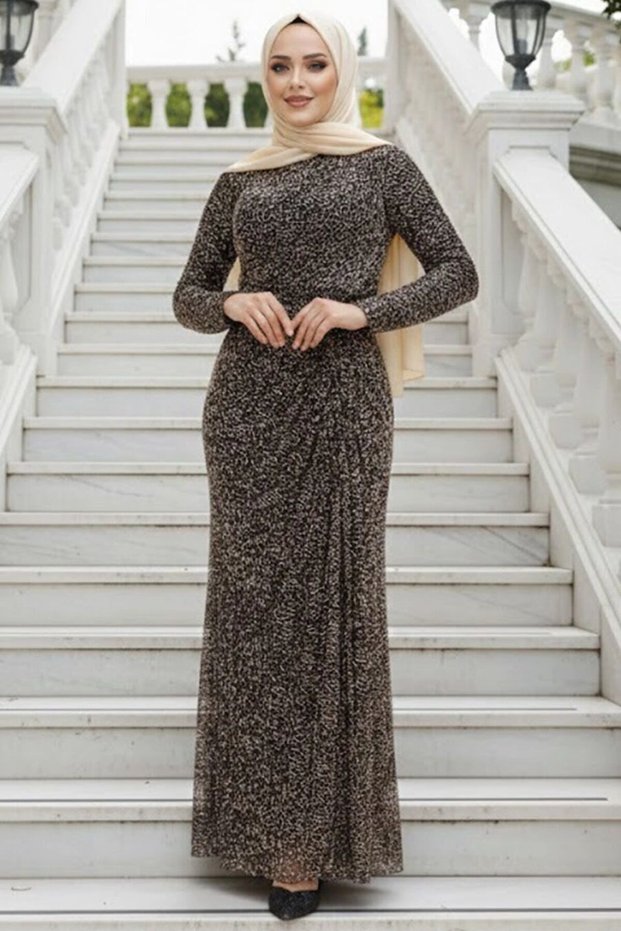 Beading Embroidered Black Hijab Evening Dress 50341S