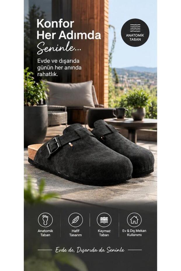 Comfortable Fit Suede Black Slippers with Closed Front Buckle 7005
