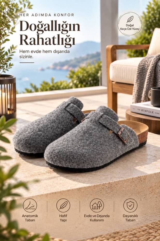 Comfortable Fit Gray Felt Slippers with Closed Front Buckle 7004