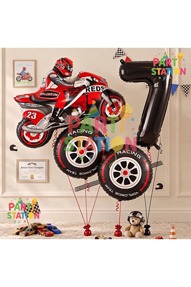Motorcycle Themed 7 Year Old Foil Balloon Set 4 Piece Motorcycle Birthday Set