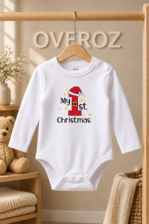 Organic 100% Cotton My First Christmas Baby Bodysuit with Christmas Writing, Long Sleeve Snap Fastener Bodysuit 5362
