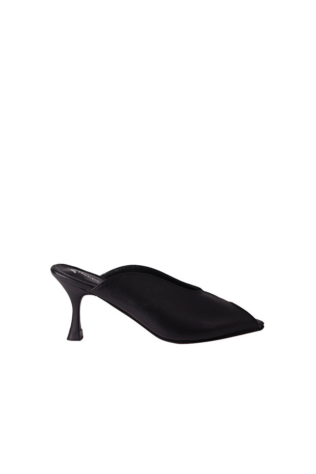 Women's Black Genuine Leather Thin Heeled Slippers Shoes