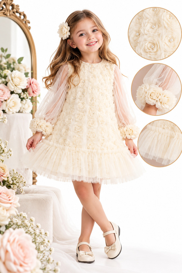 Girl's 3D Rose Detailed Tulle Sleeve Evening Dress – Special Occasion, Birthday, Wedding (Order 1 Size Larger)