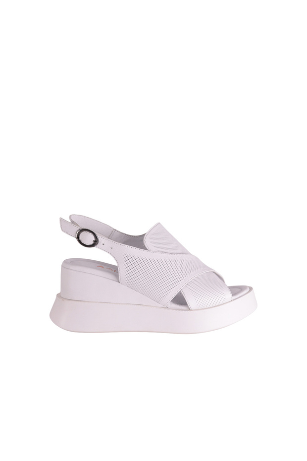 26Y10242 White Genuine Leather Wedge Heel Women's Cross-Strap Buckle Sandals