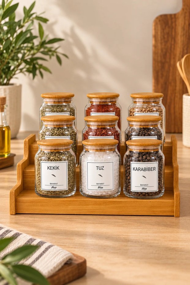 9-Piece Glass Bamboo Vacuum Sealed Spice Jar Set with Lids, Labels, and Ladder Stand