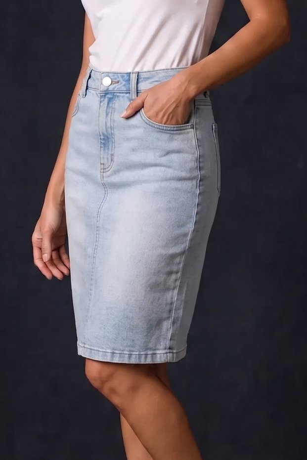 Denim Women's High-Waisted Denim Skirt with Slit at the Back