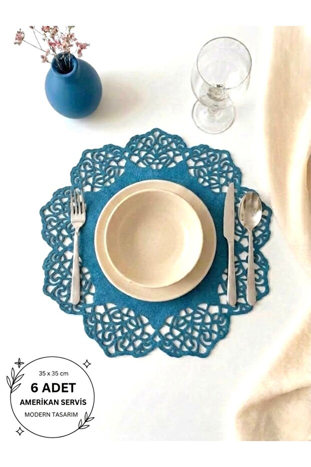 Blue Suede Fabric Round Charger American Service Set 6 Pieces 35x35cm