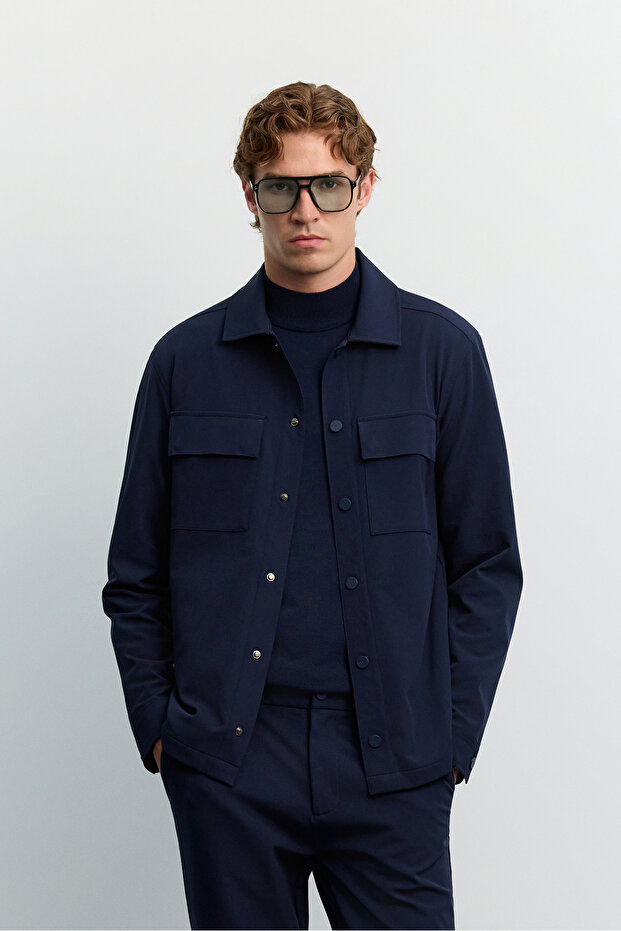 Men's Navy Blue Classic Collar Wrinkle-Resistant Quick-Dry Technical Fabric Comfort Fit Shirt Jacket A62Y2518
